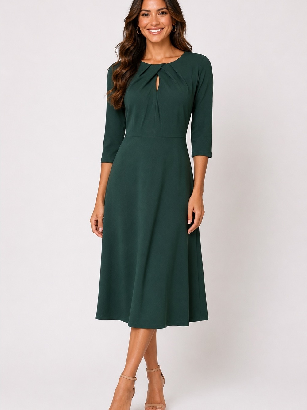 NWOT Elegant Forest Green Midi Dress with Keyhole Neckline, Large
